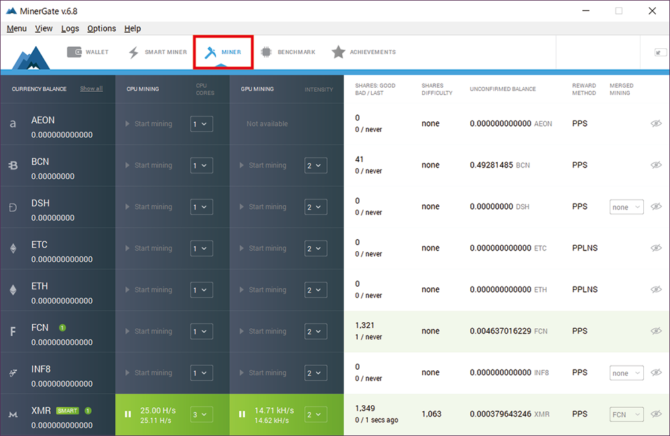 「MinerGate(マイナーゲート)」マイニングするコインの選択画面