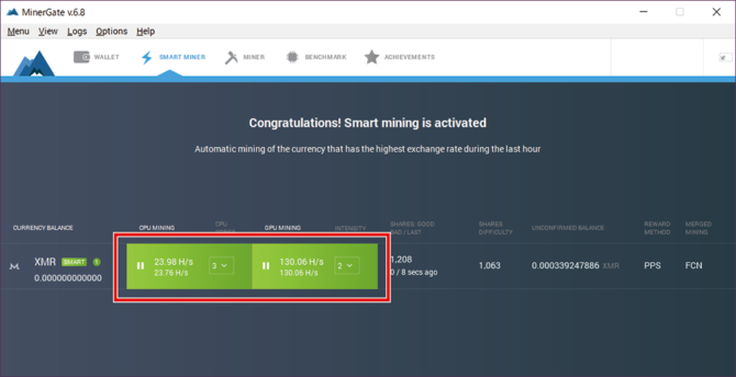 「MinerGate(マイナーゲート)」のマイニング中画面